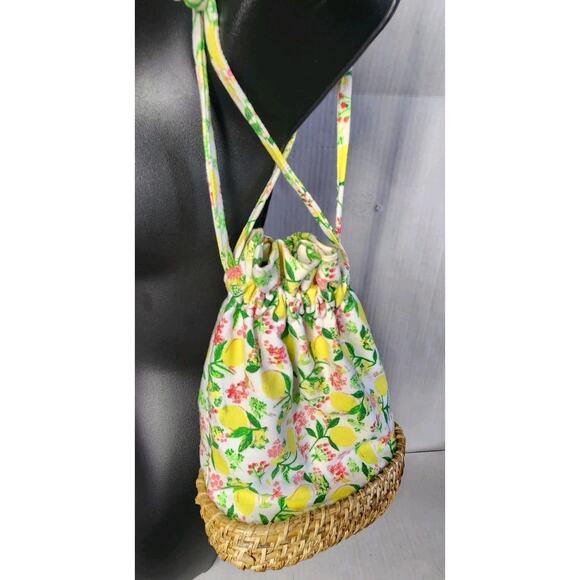 C&C California Rattan Wicker Lemon Printed Canvas Bucket Bag Handbag New - Picture 10 of 16